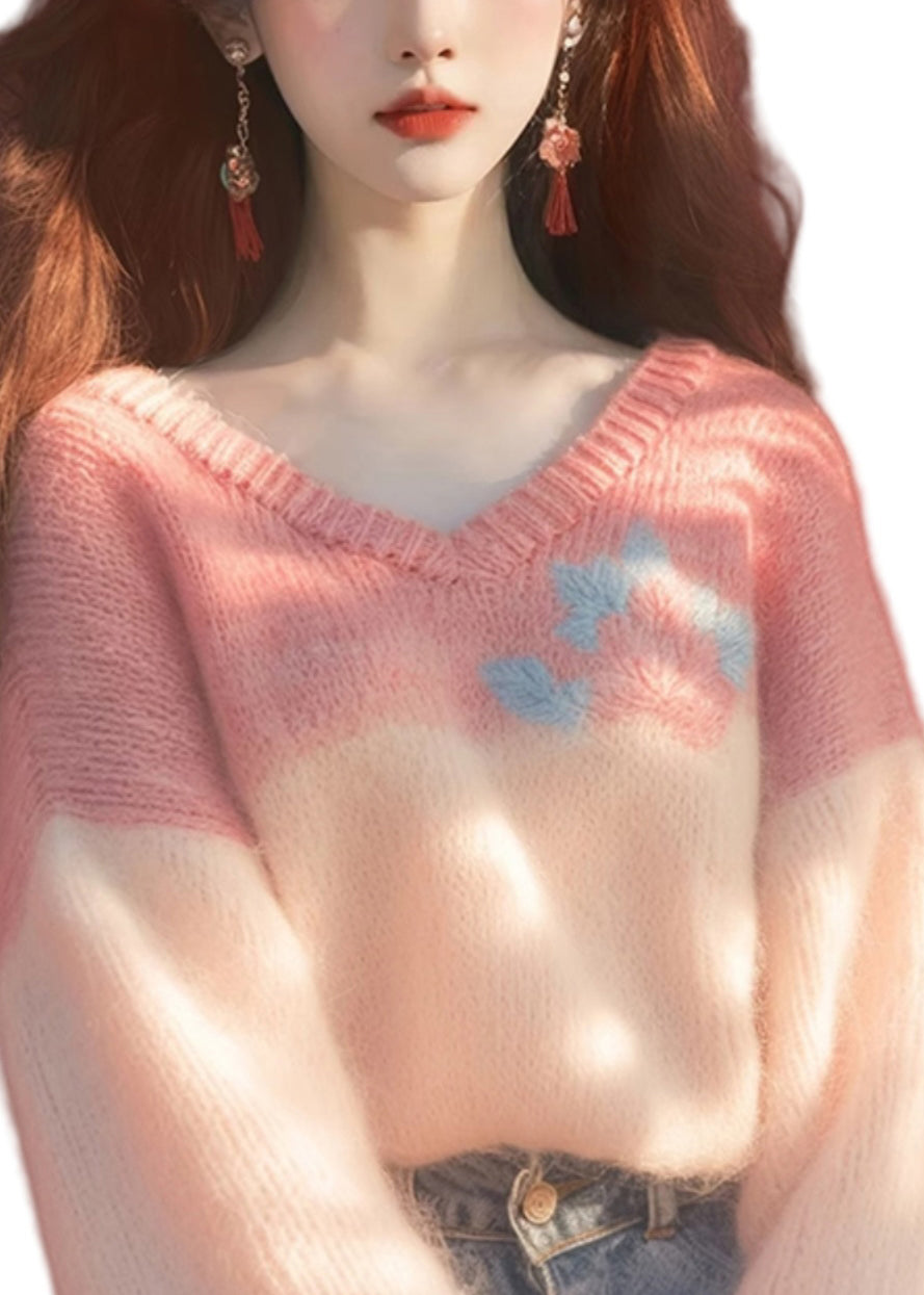 Neue rosa V-Ausschnitt Patchwork Strickpullover Winter WK031