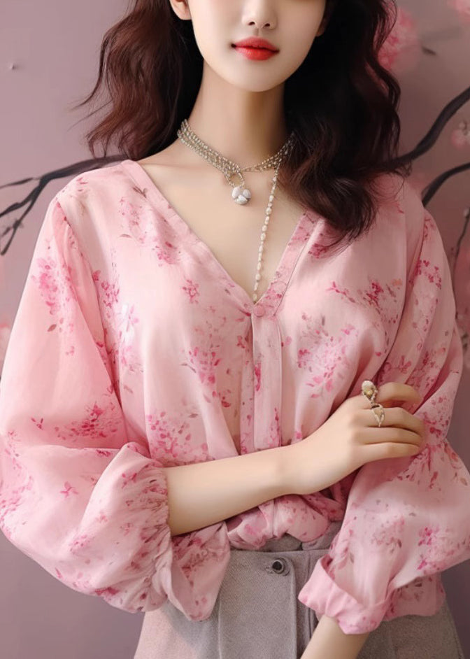 Neue rosa V-Ausschnitt Print Chiffon Shirt Langarm KJ020