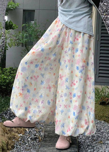 Summer Cotton Wide Leg Print New Waist Pants Elastic