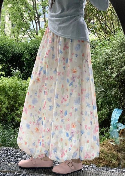 Summer Cotton Wide Leg Print New Waist Pants Elastic