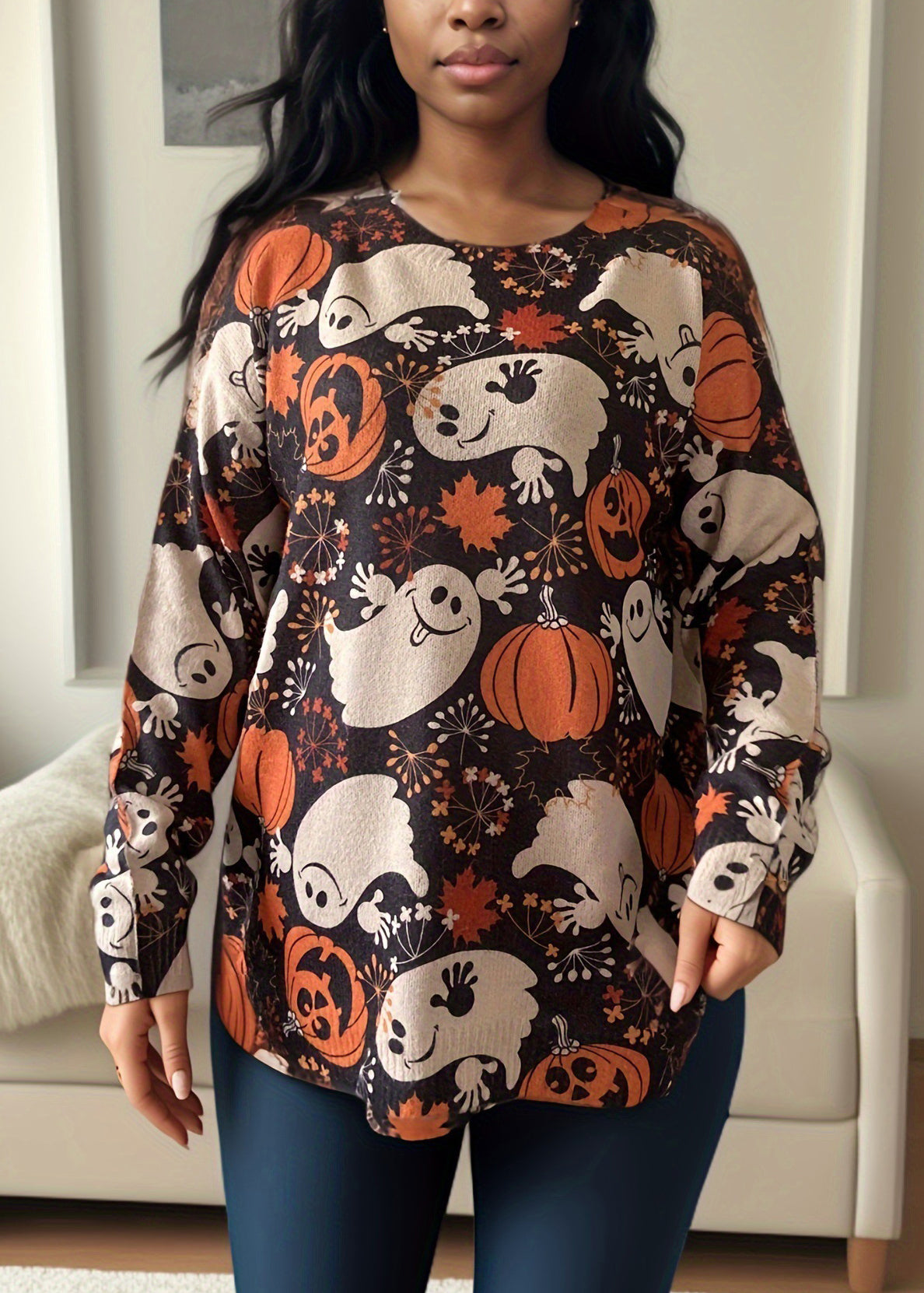 New Print O Neck Knitting Cotton Sweater Long Sleeve AE1012