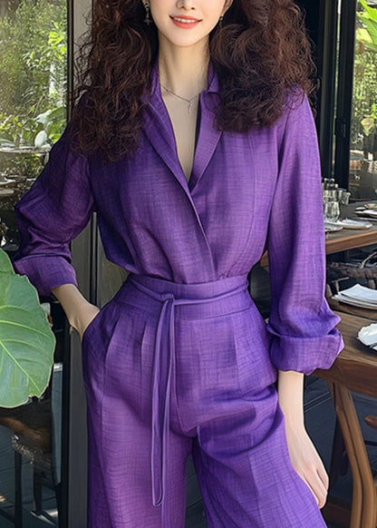 Piece Shirts Pants And Purple Two Set Cotton Pockets Up New Lace