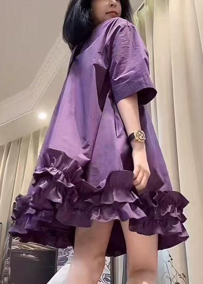 Neck Summer Ruffled Cotton Dresses O New Mid Patchwork Purple