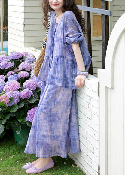 New Purple O-Neck Wrinkled Cotton Two Pieces Set Spring YZ019