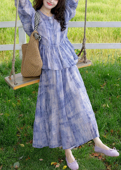 New Purple O-Neck Wrinkled Cotton Two Pieces Set Spring YZ019