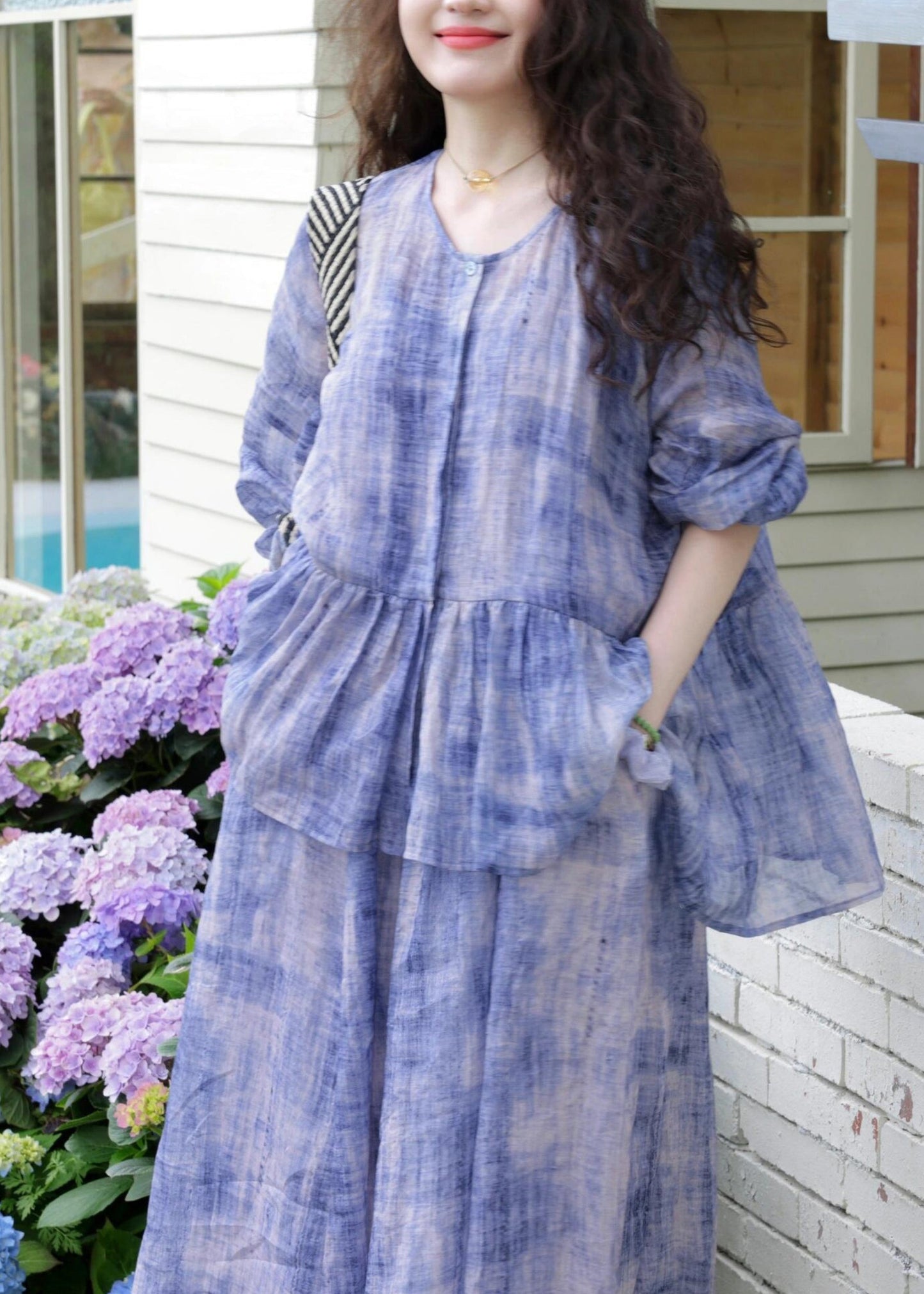 New Purple O-Neck Wrinkled Cotton Two Pieces Set Spring YZ019