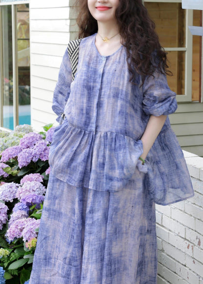 New Purple O-Neck Wrinkled Cotton Two Pieces Set Spring YZ019