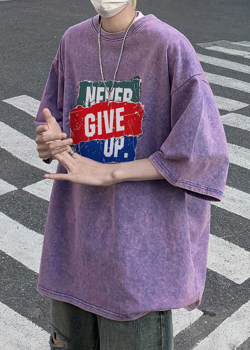 Purple Half Men Shirts New Sleeve Cotton Print T Oversized