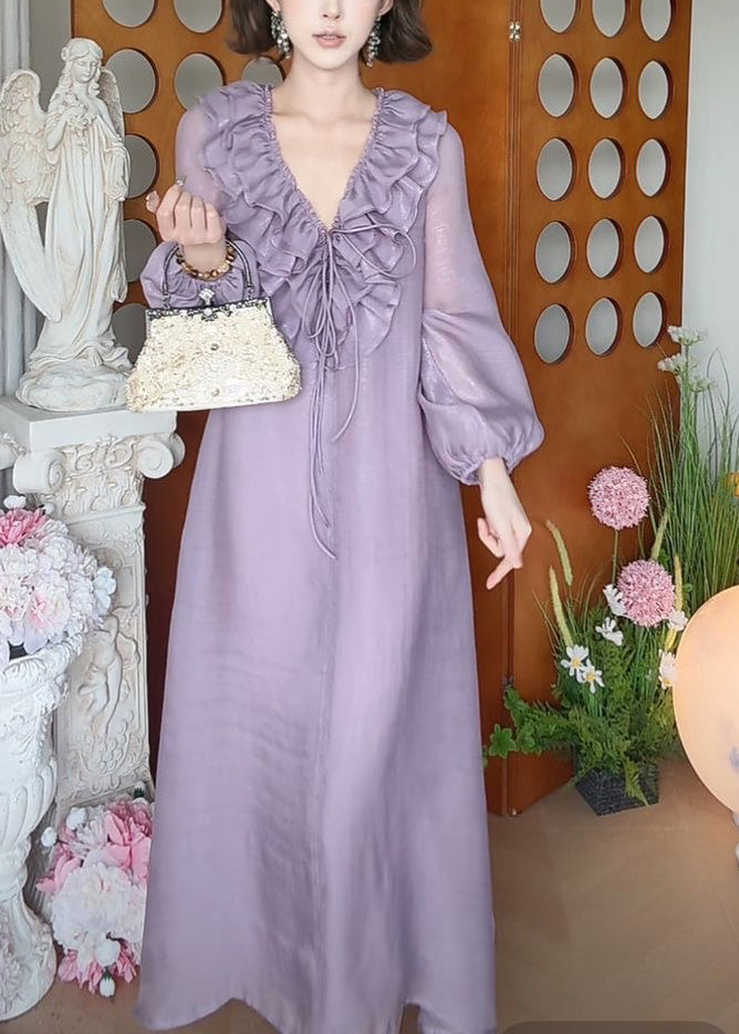 Fall Ruffled Up Dress Purple Long Neck Lace New V Silk