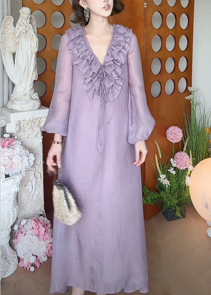 Fall Ruffled Up Dress Purple Long Neck Lace New V Silk