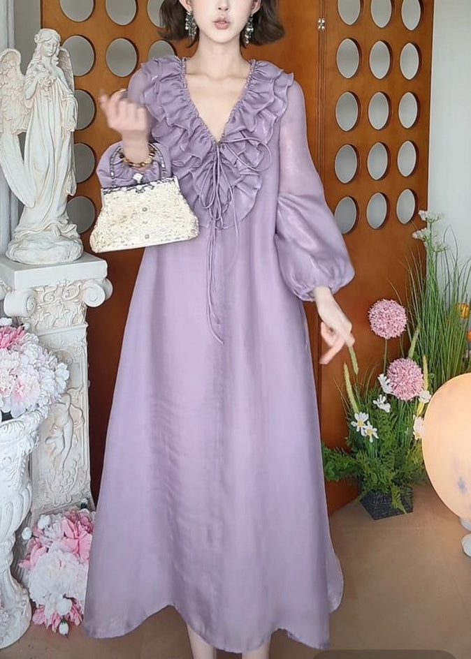 Fall Ruffled Up Dress Purple Long Neck Lace New V Silk