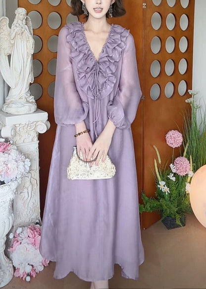 Fall Ruffled Up Dress Purple Long Neck Lace New V Silk