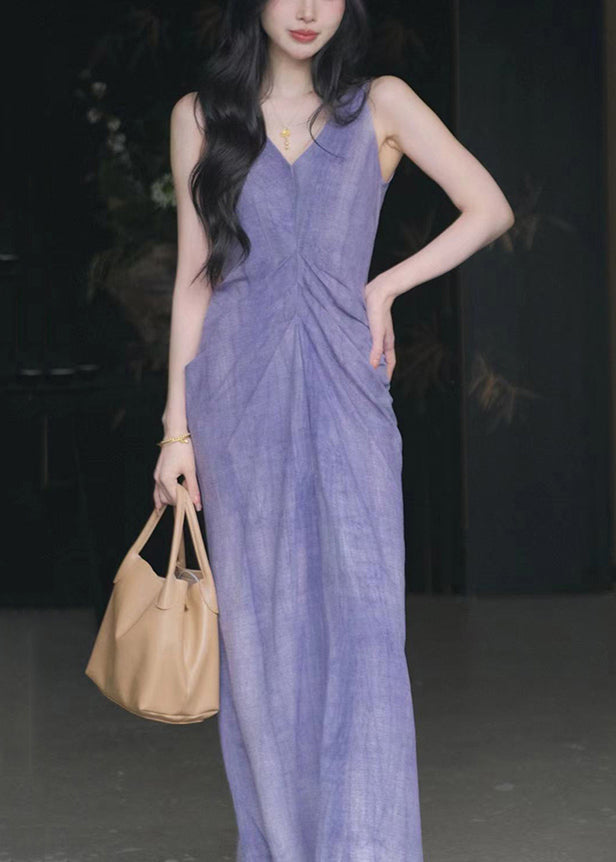 New Purple V Neck Solid Cotton Long Dresses Sleeveless KK022