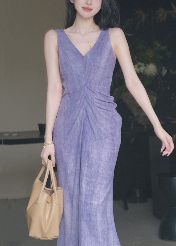 New Purple V Neck Solid Cotton Long Dresses Sleeveless KK022