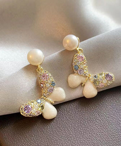 New Rainbow Alloy Zircon Pearl Butterfly Stud Earrings WH047