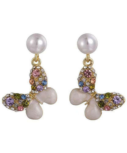 New Rainbow Alloy Zircon Pearl Butterfly Stud Earrings WH047