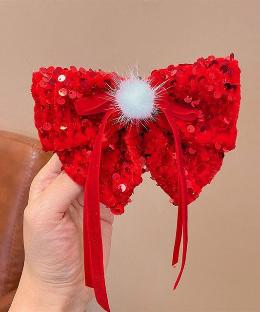 New Red Alloy Fabric Bow Sequins Ribbon Kids Hairpin Two Piece Set YG033