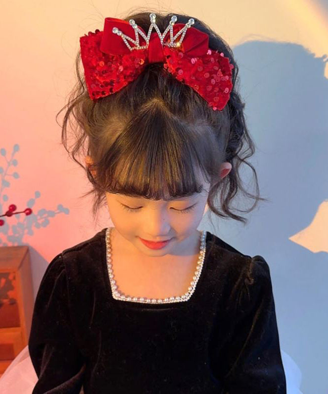 New Red Alloy Fabric Bow Sequins Ribbon Kids Hairpin Two Piece Set YG033