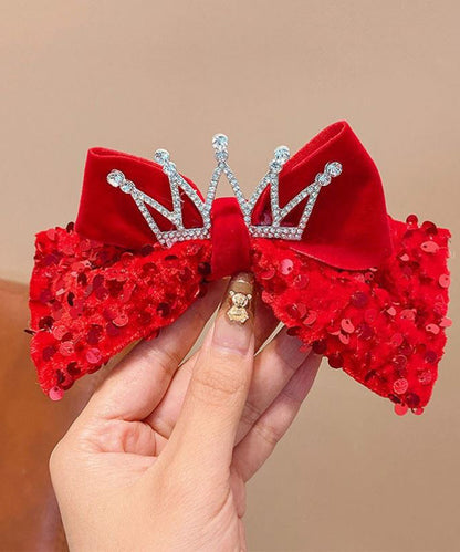 New Red Alloy Fabric Bow Sequins Ribbon Kids Hairpin Two Piece Set YG033