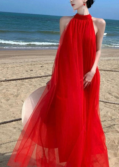 New Red Backless Lace Up Tulle Long Dresses Sleeveless KK023