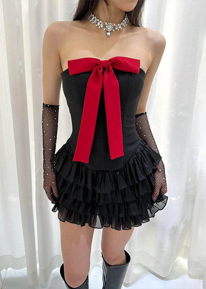 New Red Bow Tank And Pleated Skirt Cotton Two Pieces Set Sleeveless YZ043