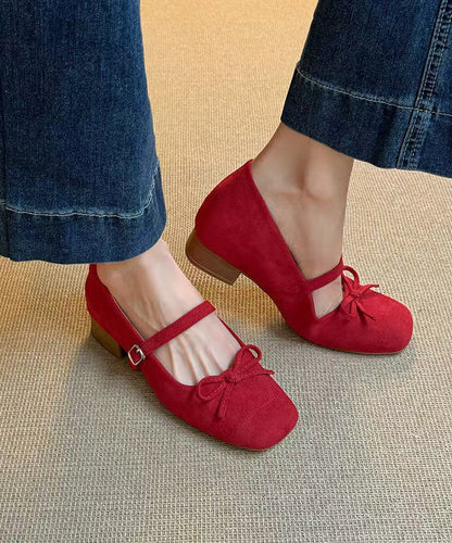 Suede Shoes Red Chunky Splicing New Buckle Bow Strap