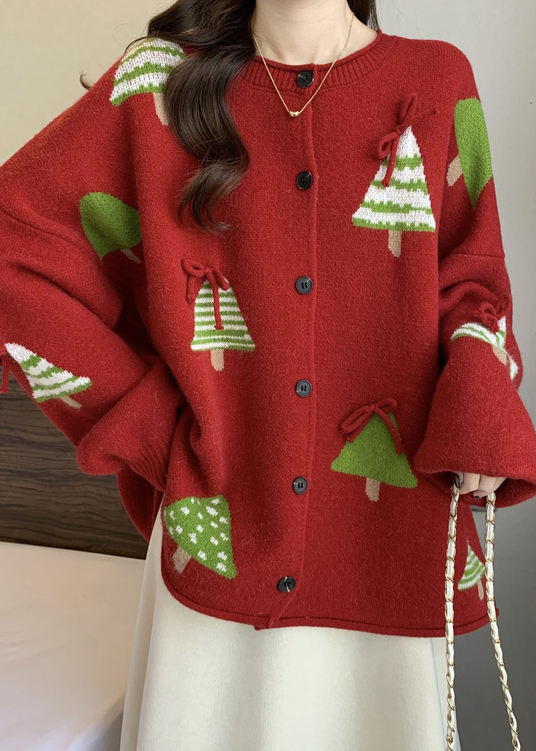 New Red Christmas Tree Bow Button Knit Cardigan Winter RG019