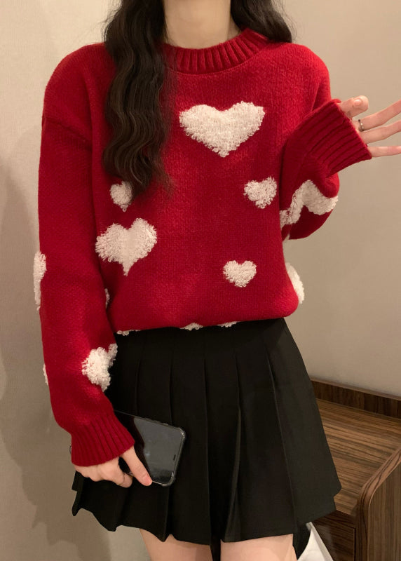 New Red O Neck Heart Jacquard Thick Knit Sweaters Winter RG043