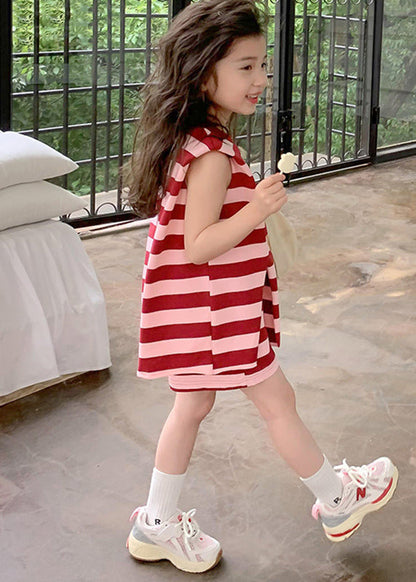 Ensemble haut et short rayé rouge à col rond pour enfants, deux pièces, été SS1020