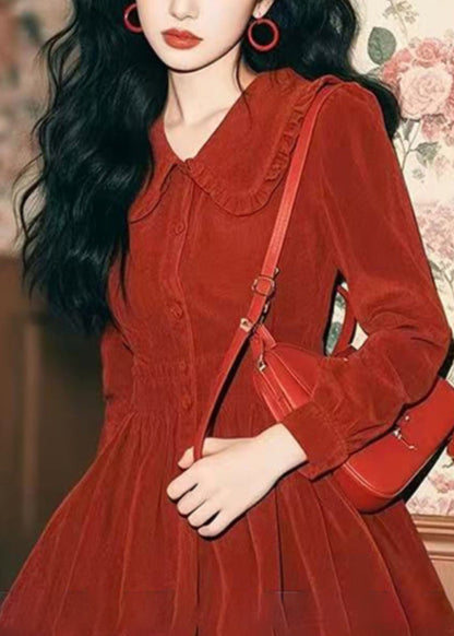 Spring Corduroy New Red Collar Peter Pan Button Dress Mid