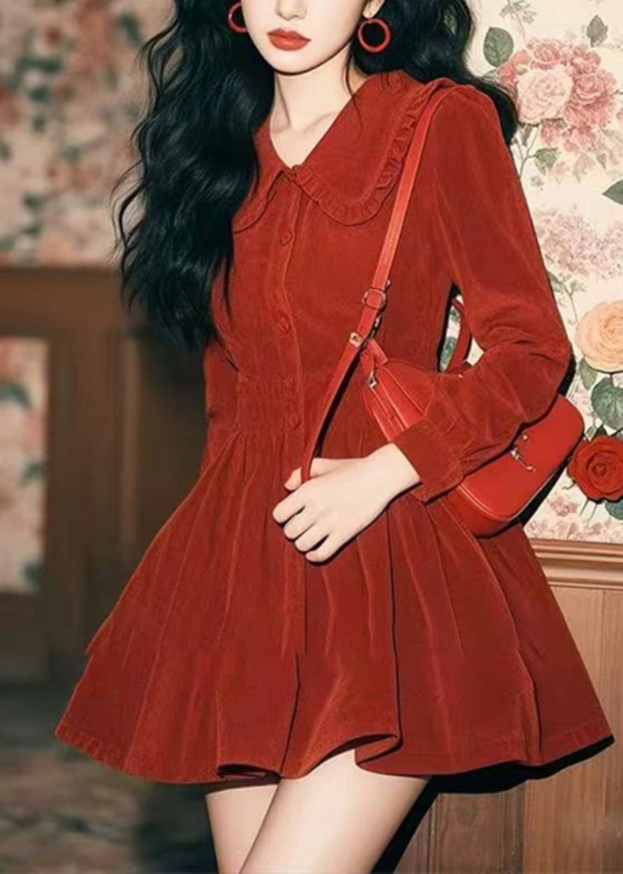 Spring Corduroy New Red Collar Peter Pan Button Dress Mid