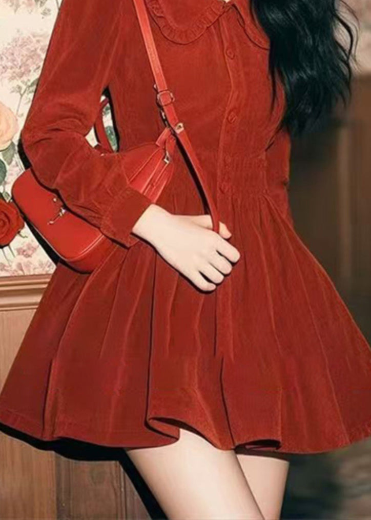 Spring Corduroy New Red Collar Peter Pan Button Dress Mid
