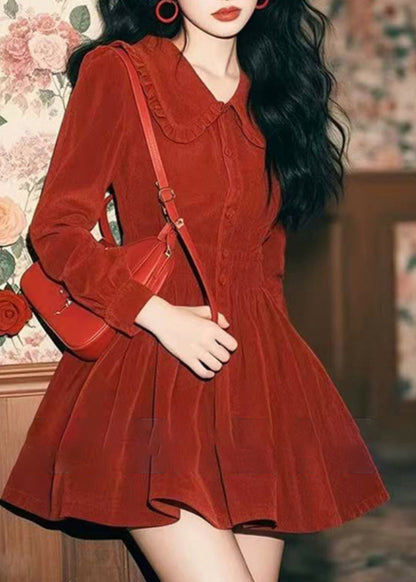 Spring Corduroy New Red Collar Peter Pan Button Dress Mid