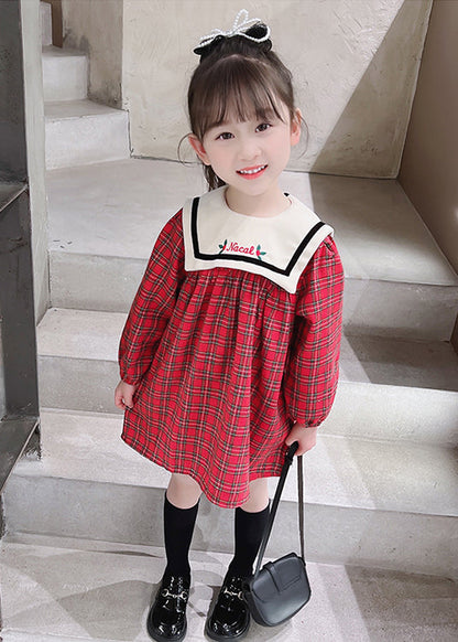 New Red Plaid Button Cotton Girls Dress Fall XZ097