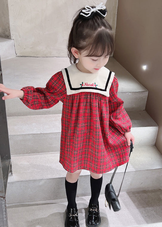 New Red Plaid Button Cotton Girls Dress Fall XZ097