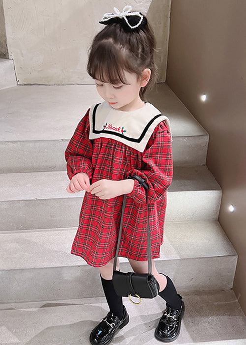 New Red Plaid Button Cotton Girls Dress Fall XZ097