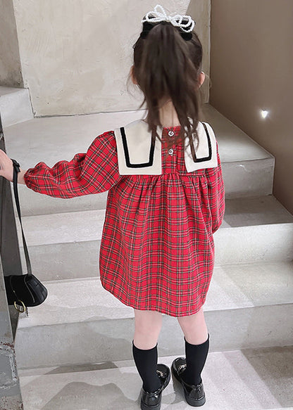 New Red Plaid Button Cotton Girls Dress Fall XZ097