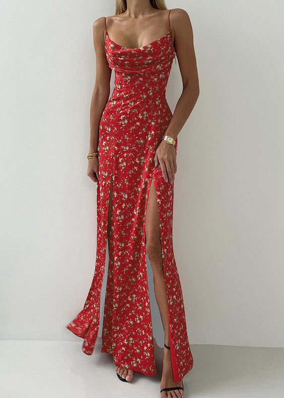 Cotton Side Strap Print Sleeveless Open New Spaghetti Red Dress