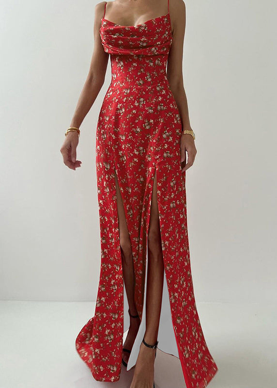 Cotton Side Strap Print Sleeveless Open New Spaghetti Red Dress