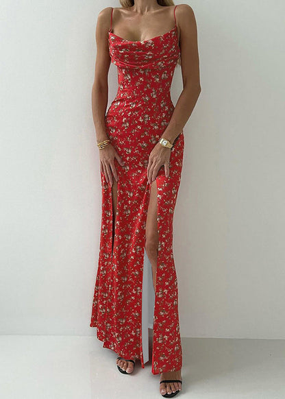 Cotton Side Strap Print Sleeveless Open New Spaghetti Red Dress