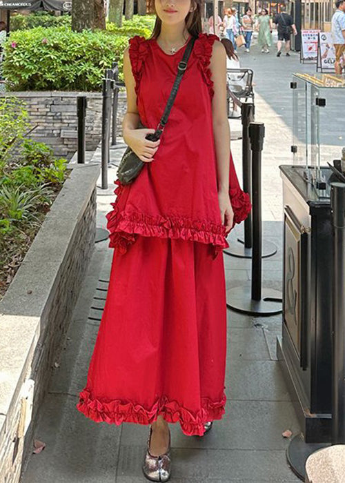 New Red Ruffled Tops And Skirts Cotton Two Piece Set Sleeveless XX005