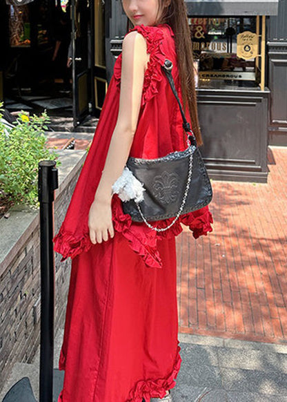 New Red Ruffled Tops And Skirts Cotton Two Piece Set Sleeveless XX005