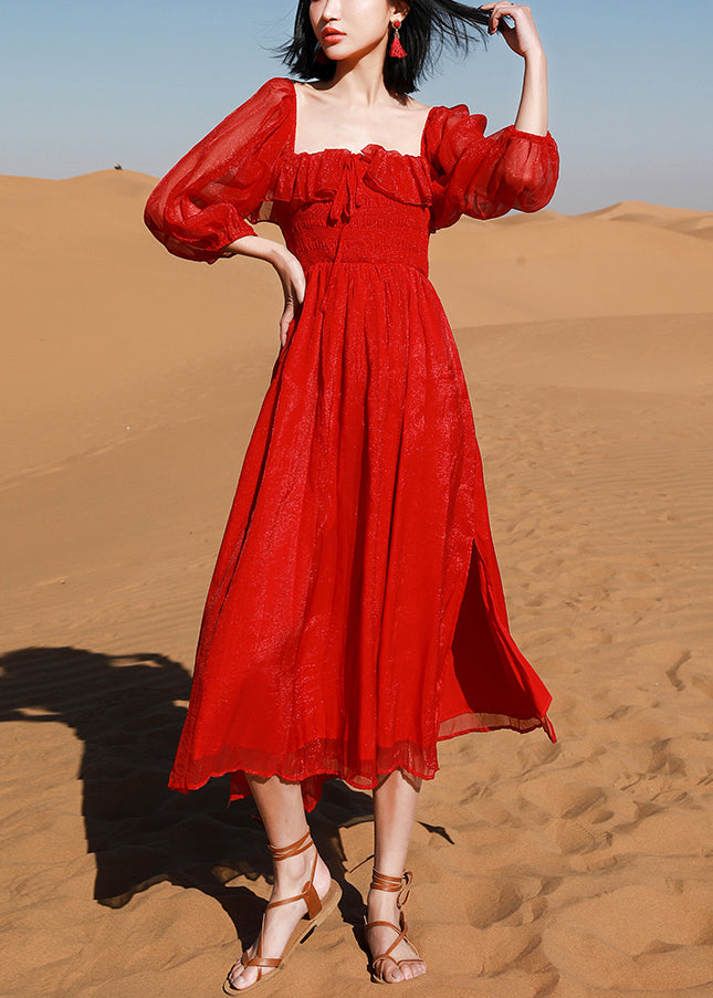 Puff Cotton New Square Red Collar Open Side Sleeve Beach Dress