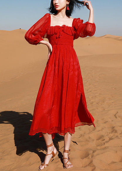 Puff Cotton New Square Red Collar Open Side Sleeve Beach Dress