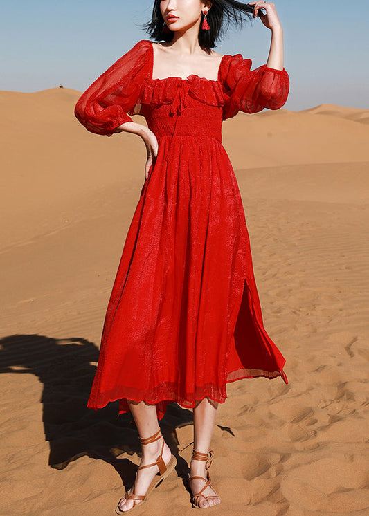 Puff Cotton New Square Red Collar Open Side Sleeve Beach Dress