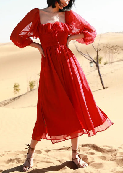Puff Cotton New Square Red Collar Open Side Sleeve Beach Dress