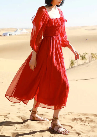 Puff Cotton New Square Red Collar Open Side Sleeve Beach Dress