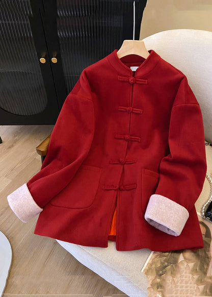 New Red Stand Collar Button Pockets Thick Woolen Coats Winter QG033