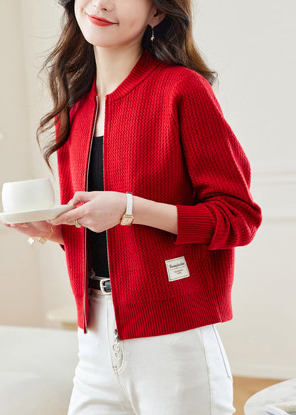 Nouveau manteau en tricot uni à fermeture éclair et col montant rouge pour l'automne QS018