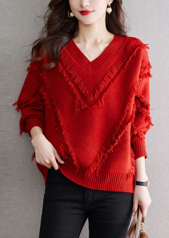 Nouveau pull en laine rouge à pompons confortable en tricot automne QS005